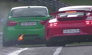 BMW M3 Catches Fire on Nurburgring, Sends Honda S2000 and Bike into the Barrier