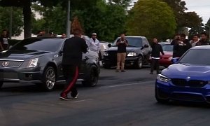 BMW M3 on Bolt-Ons Drag Races Cadillac CTS-V (Bolt-Ons) with Actual Photo Finish