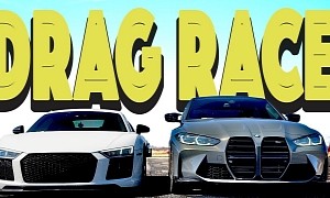 BMW M3 on Winter Tires Flexes Too Hard Against Audi R8, Gets a Bruised Ego in Drag Race