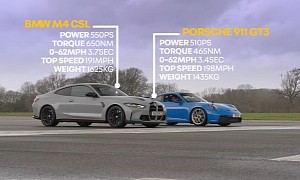 BMW M4 CSL Drags Porsche 911 GT3, Both Show Pretty Unbelievable Damp 1/4 Mile Times