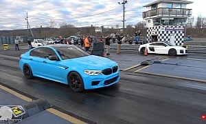 BMW M5 Competition Drags Audi R8 and Ford Explorer, Someone Throws the Hazard Lights