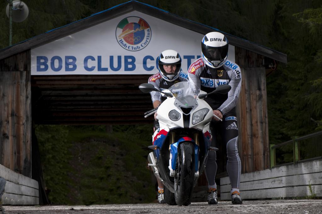 Machata, Bredau, and the S 1000 RR at an old Olympic bobsleigh course