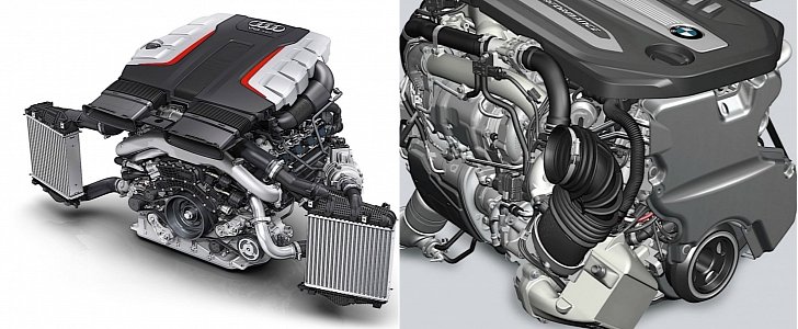 Audi's V8 TDI of the SQ7 (left) and BMW's Quad-Turbo Diesel Engine for the 750d