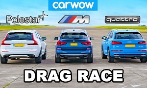 BMW X3 M40i Faces Hybrid Power in Volvo XC60 T8 and Audi Q5 55 TFSIe Drag Race