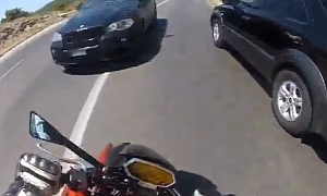 BMW X5 Hits Motorbike - Rider Doesn’t Fall!
