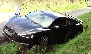 Brand New Audi R8 V10 Plus Crashed in Italy, Eats Grass in Irrigation Ditch