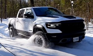 Brand New Ram TRX Takes on 1985 Chevrolet K10 in The Snow, Someone Gets Stuck