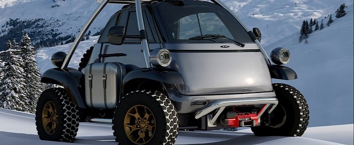 The Microlino 2.0 electric microcar goes offroading in independent design study