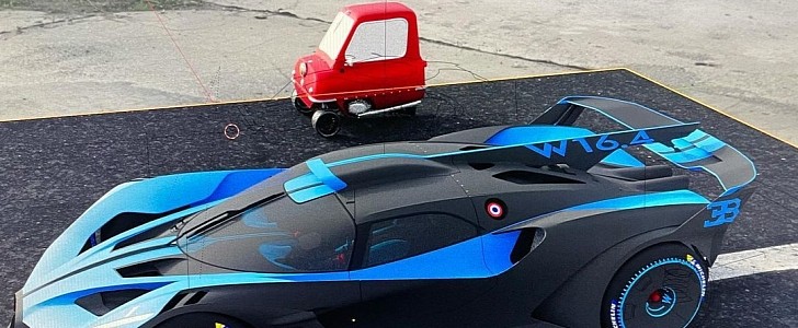 Bugatti Bolide car race virtual scene includes Peel P50 cameo from yasiddesign on Instagram
