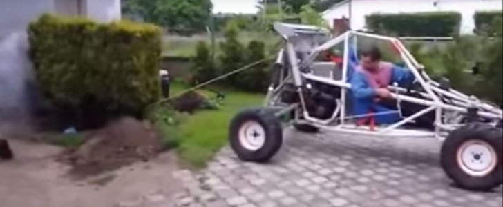 Buggy Driver Tries to Pull Bush Out of the Ground