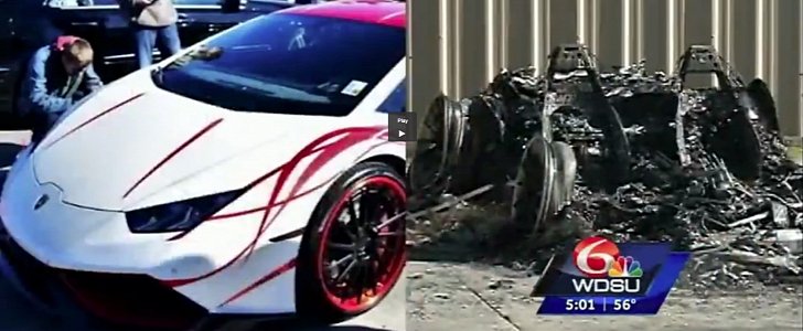 Before and after of burned-down Lamborghini