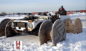 Burnout Level Russia: Snow-Drifting a Soviet-Age SUV on 1,200-Lb Cable Reel Wheels