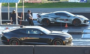 C8 Chevy Corvette Stingray and Z06 Drag Camaro Cousins, Someone Gets Demolished (Late)