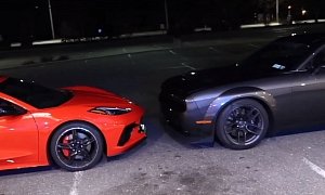 C8 Corvette Drag Races Dodge Challenger Hellcat Widebody, Drag Radials Get Lit