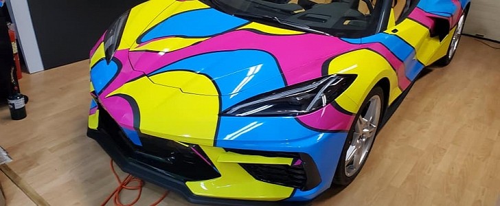 C8 Corvette with psychedelic wrap owned by Rick Dyer