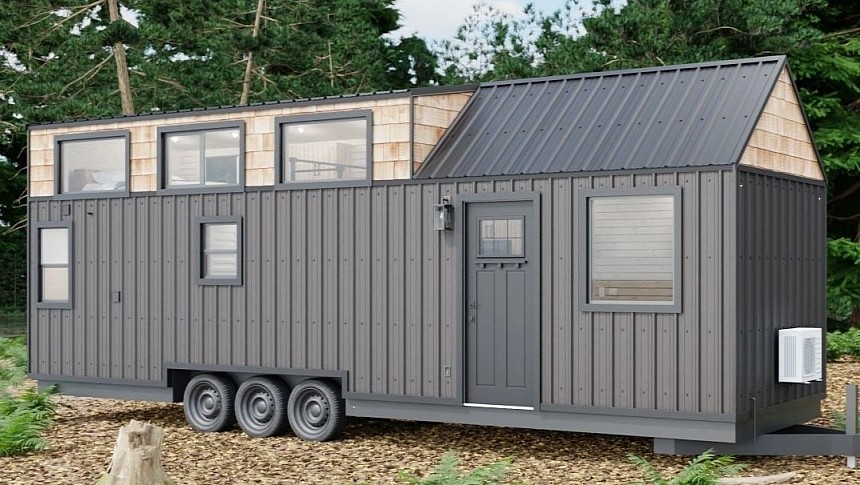 The Outdoor Enthusiast is a cabin-inspired tiny house with a separate mud room