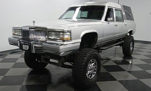 Caddy Brougham Hearse Lifted on a Chevy K10 Chassis Is Begging for Attention