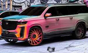 Caddy Escalade-V on 28s Virtually Puts the ESV in Charge of a Pastel Hi-Riser Kingdom