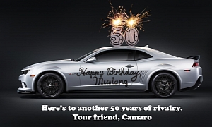 Camaro Sends a Cheeky 50th Birthday Card to the Mustang