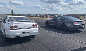 Ford Mustang EcoBoost and Nissan Skyline R33 Battle It out Down the Quarter Mile