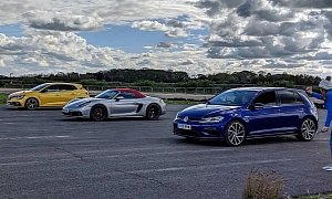 Can the Golf R and Megane RS Take on the Porsche Boxster GTS in a Drag Race?