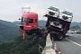 Car Carrier Almost Falls off Bridge in China, Driver Saved by Trailer