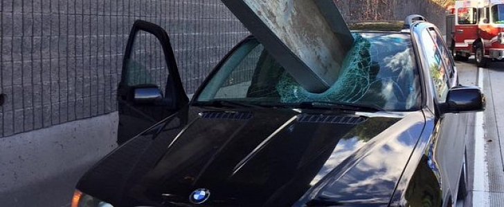 BMW X5 pierced by a steel beam