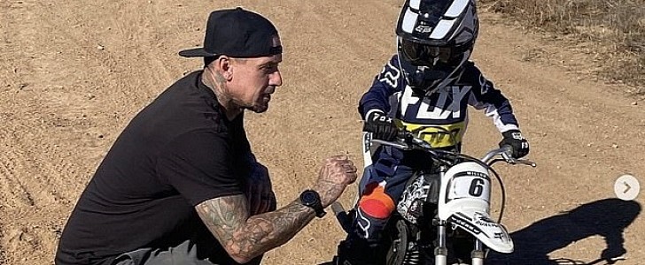 Carey Hart takes his 4-year-old son Jameson out on the track for some solo riding