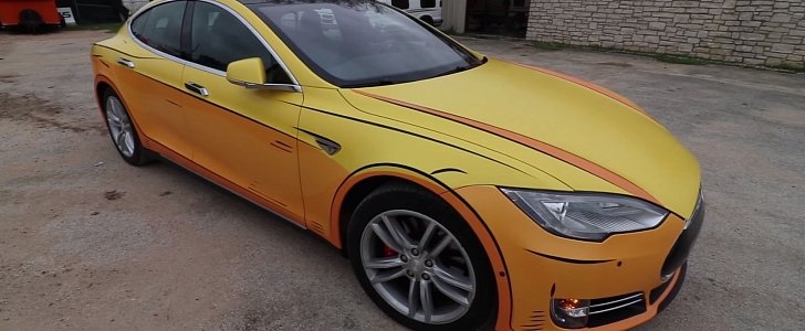 Tesla Model S with cartoon wrap