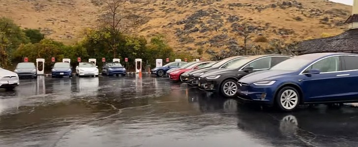 Busy Tesla Supercharger station