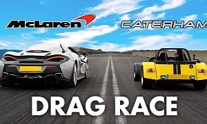 Caterham Seven 620R Drag Races McLaren 570GT in David Vs Goliath