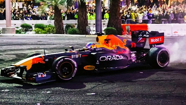 Sergio Perez in an RB7 doing donuts at the 2022 Las Vegas GP Launch Party 