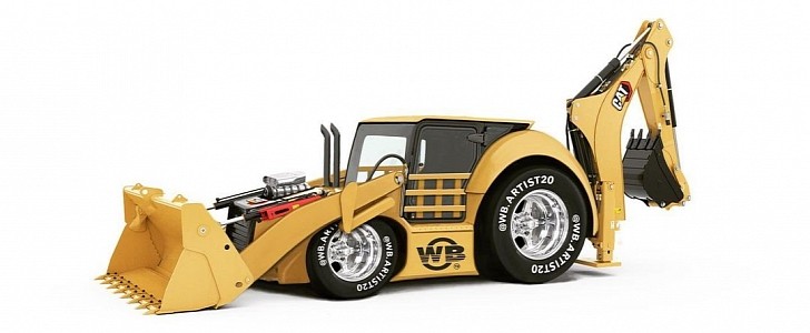 Caterpillar Inc. backhoe loader turned Hot Rod dragster in render by wb.artist20 on Instagram 