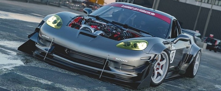 Time Attack C6 Chevy Corvette ZR1 exposed engine bay rendering by hugosilvadesigns 