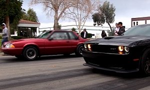 Challenger Hellcat Drag Races Fox Body Mustang with Coyote Engine Swap