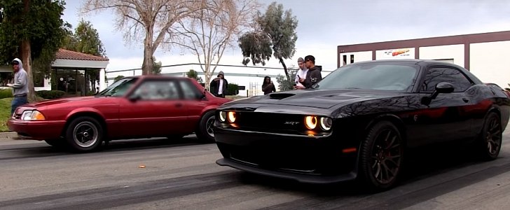 Challenger Hellcat Drag Races Fox Body Mustang with Coyote Engine Swap