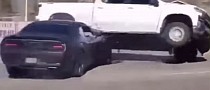 Challenger Hellcat Driver Tries to Look Cool, Flips a Silverado Over Instead
