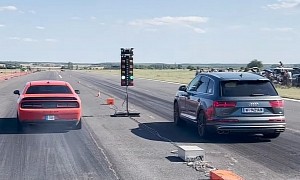Dodge Challenger SRT Hellcat Drags Audi SQ7 on Unprepped Surface. RWD or AWD for the Win?