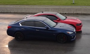Charger 392 Drags Infiniti Q50 Red Sport in the Damp, One Is Definitely Quicker