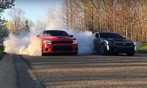 Charger Hellcat Fights Cadillac CTS-V on Winter Tires in Brutal Burnout Standoff