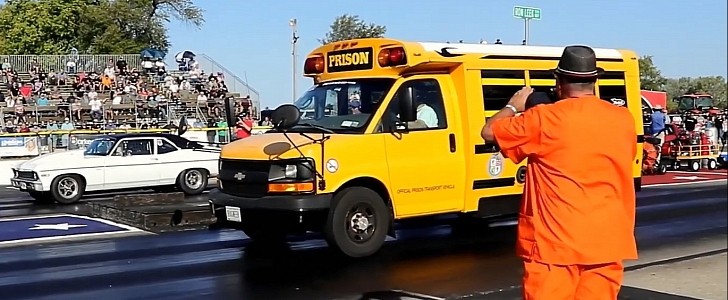 Chevrolet Express prison bus at the drag strip