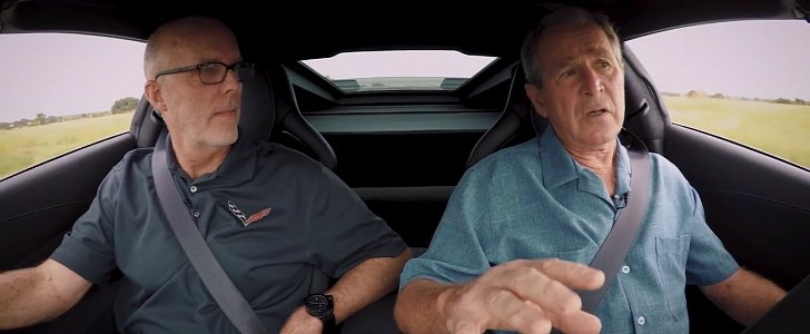 George W. Bush driving 2018 Chevrolet Corvette Carbon 65 Edition