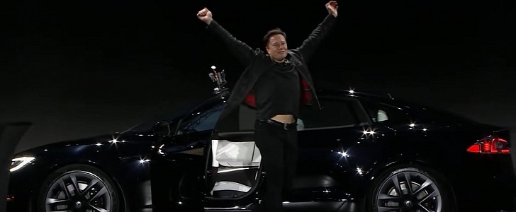 Elon Musk and a Tesla Model S Plaid