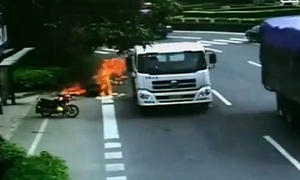 Chinese Scooter Clipped by Truck and Set Ablaze, Rider Included