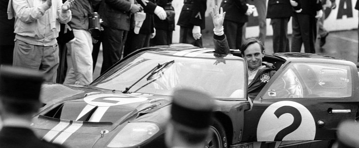 Chris Amon and the Ford GT40 in which he and Bruce McLaren won the 1966 24 Hours of Le Mans