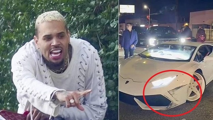 Chris Brown loses his cool as he inspects damage to his all-white Lamborghini after fender bender