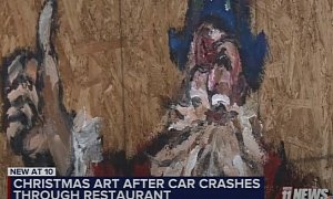 Christmas Art Covers Gaping Hole Left in Restaurant After Car Crash