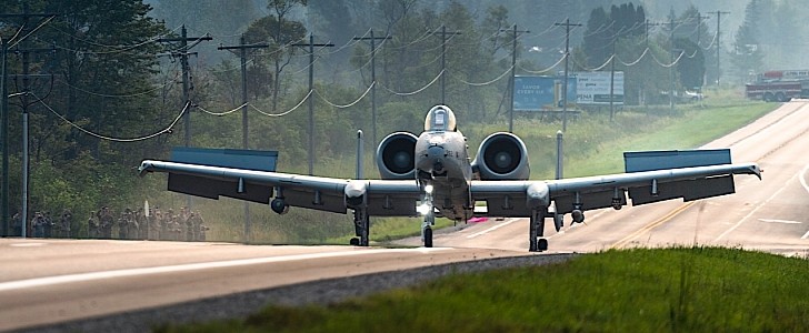 A-10 Thunderbolt landing on Michigan highway