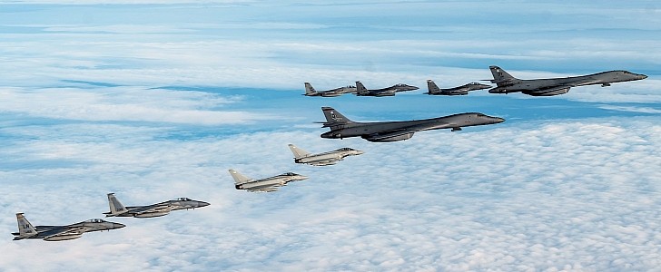 Seven fighter jets and two bombers over the North Sea