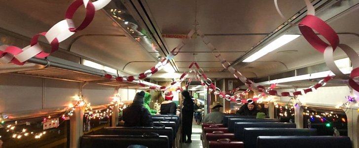 Christmas decorated train car on commuter rail in Boston